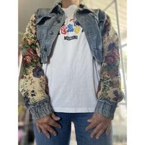 N.1 Patchwork Denim Jean Jacket Floral Tapestry Sleeves Boho Chic M